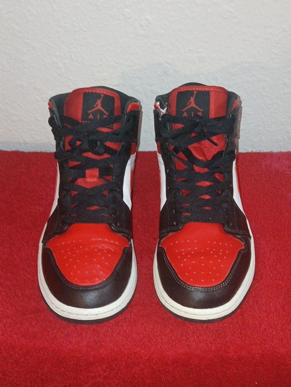 Nike Air Jordon 1 Mid "Chile Red" Black and White High-Top Swoosh Sneakers